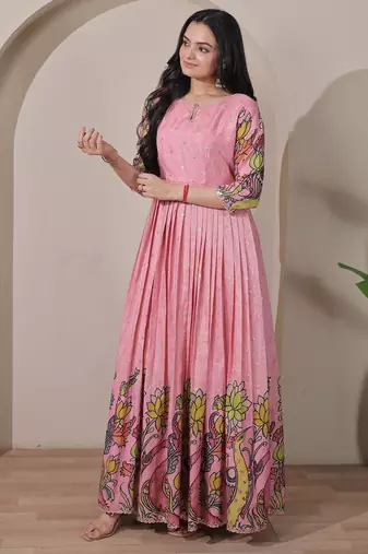 Women pink floral printed anarkali maxi dress with kalamkari design