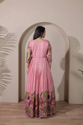 Women pink floral printed anarkali maxi dress with kalamkari design 5