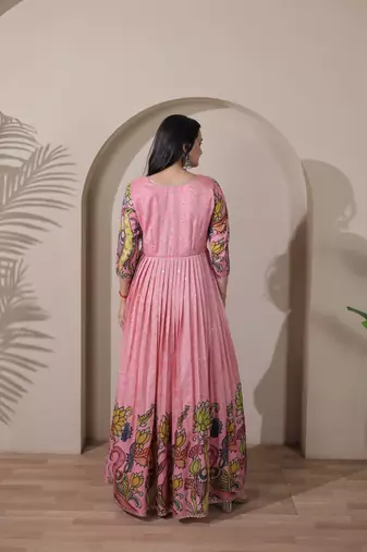 Women pink floral printed anarkali maxi dress with kalamkari design