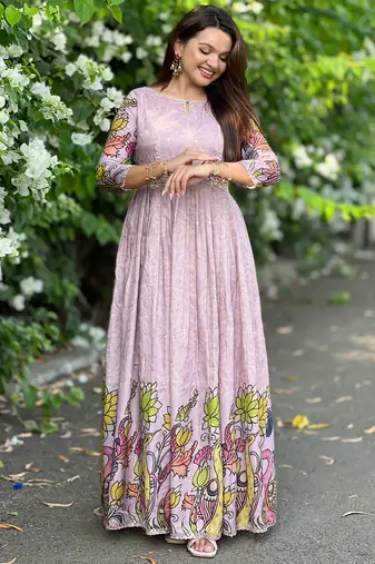 Women lavender printed anarkali maxi dress with traditional kalamkari motifs