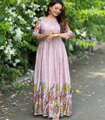 Women lavender printed anarkali maxi dress with traditional kalamkari motifs