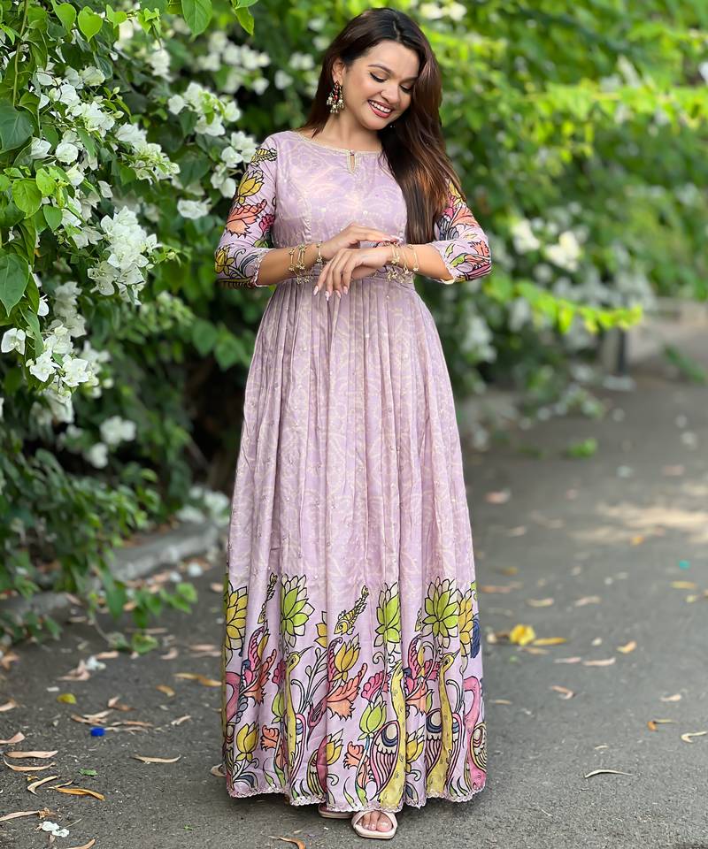 Women lavender printed anarkali maxi dress with traditional kalamkari motifs