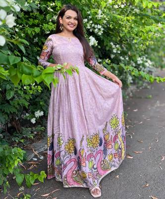 Women lavender printed anarkali maxi dress with traditional kalamkari motifs 2