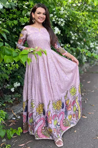 Women lavender printed anarkali maxi dress with traditional kalamkari motifs
