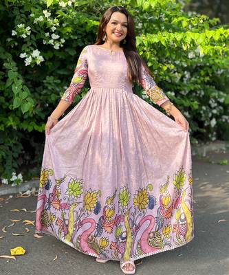 Women lavender printed anarkali maxi dress with traditional kalamkari motifs 3