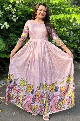 Women lavender printed anarkali maxi dress with traditional kalamkari motifs