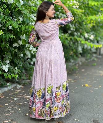 Women lavender printed anarkali maxi dress with traditional kalamkari motifs 4