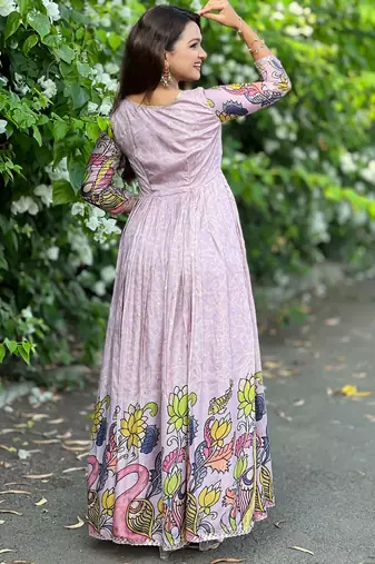 Women lavender printed anarkali maxi dress with traditional kalamkari motifs