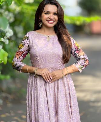 Women lavender printed anarkali maxi dress with traditional kalamkari motifs 5