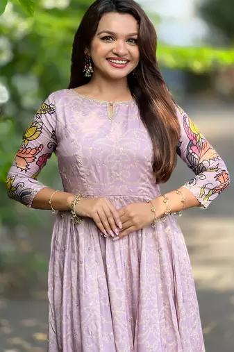 Women lavender printed anarkali maxi dress with traditional kalamkari motifs