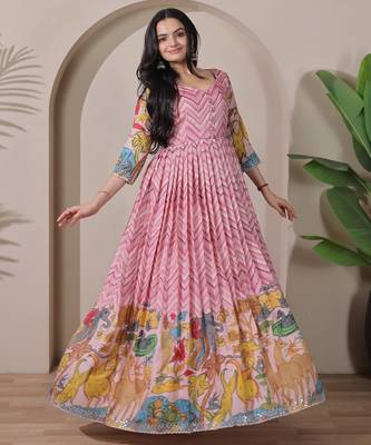 Pink kalamkari print flared gown with sequin work for women 1