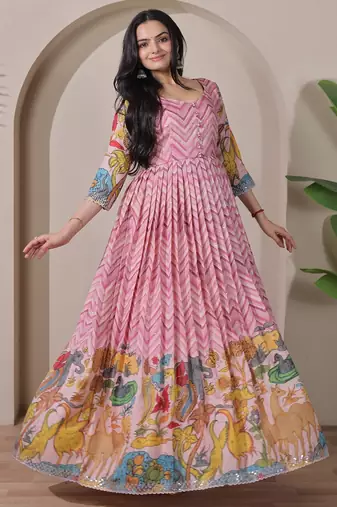 Pink kalamkari print flared gown with sequin work for women