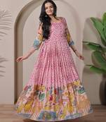 Pink kalamkari print flared gown with sequin work for women