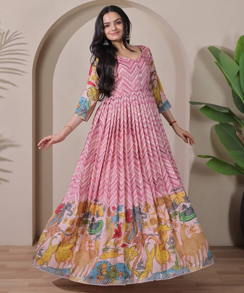 Pink kalamkari print flared gown with sequin work for women