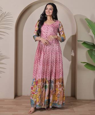 Pink kalamkari print flared gown with sequin work for women 3