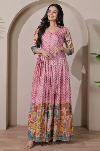Pink kalamkari print flared gown with sequin work for women