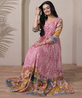 Pink kalamkari print flared gown with sequin work for women 4