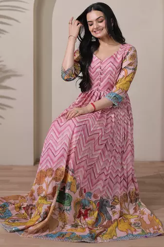 Pink kalamkari print flared gown with sequin work for women