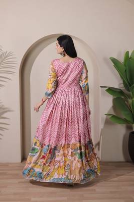 Pink kalamkari print flared gown with sequin work for women 5