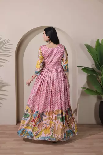 Pink kalamkari print flared gown with sequin work for women