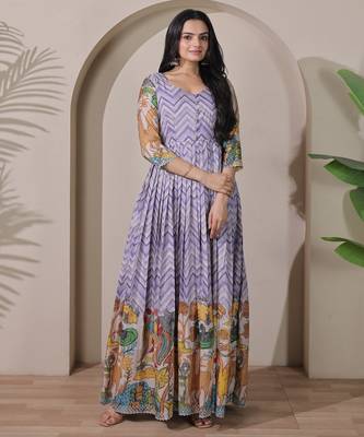 Lavender kalamkari print flared gown with sequin work for women 1