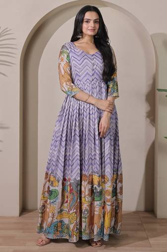 Lavender kalamkari print flared gown with sequin work for women
