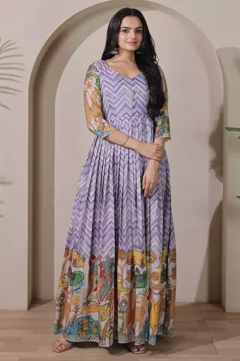 Lavender kalamkari print flared gown with sequin work for women