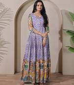 Lavender kalamkari print flared gown with sequin work for women