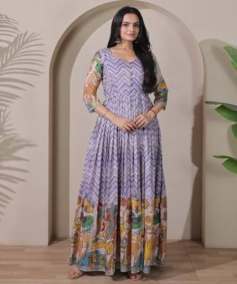 Lavender kalamkari print flared gown with sequin work for women 2