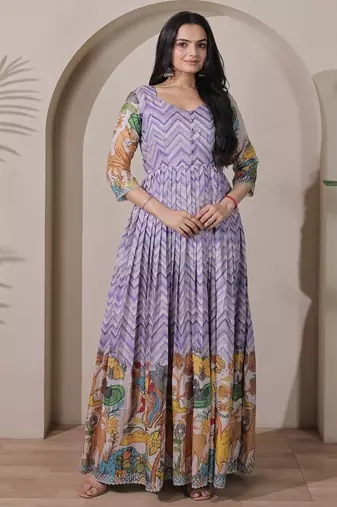 Lavender kalamkari print flared gown with sequin work for women