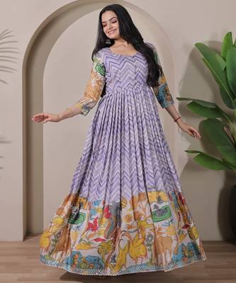 Lavender kalamkari print flared gown with sequin work for women 3