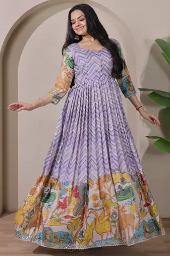 Lavender kalamkari print flared gown with sequin work for women