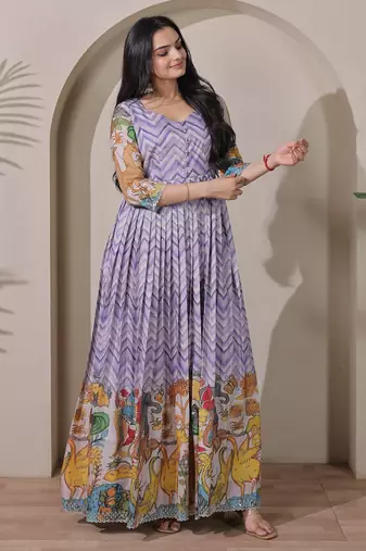 Lavender kalamkari print flared gown with sequin work for women