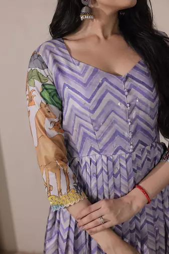 Lavender kalamkari print flared gown with sequin work for women