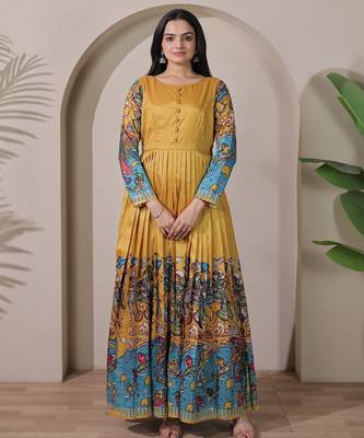 Mustard kalamkari print flared maxi gown with full sleeves for women 1