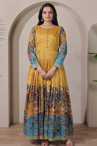 Mustard kalamkari print flared maxi gown with full sleeves for women