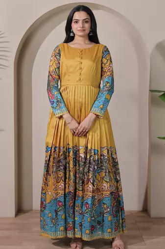 Mustard kalamkari print flared maxi gown with full sleeves for women
