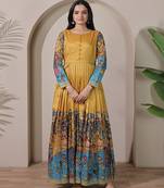 Mustard kalamkari print flared maxi gown with full sleeves for women