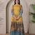 Mustard kalamkari print flared maxi gown with full sleeves for women
