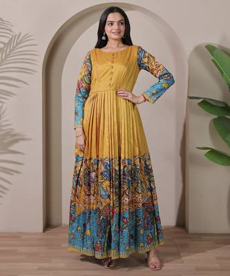 Mustard kalamkari print flared maxi gown with full sleeves for women 2