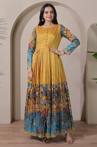 Mustard kalamkari print flared maxi gown with full sleeves for women