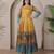 Mustard kalamkari print flared maxi gown with full sleeves for women