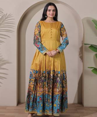 Mustard kalamkari print flared maxi gown with full sleeves for women 3