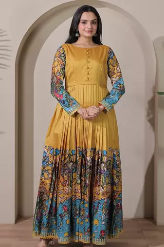 Mustard kalamkari print flared maxi gown with full sleeves for women