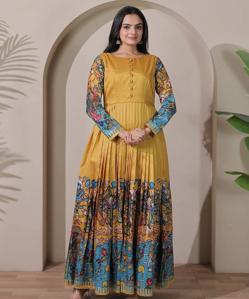 Mustard kalamkari print flared maxi gown with full sleeves for women