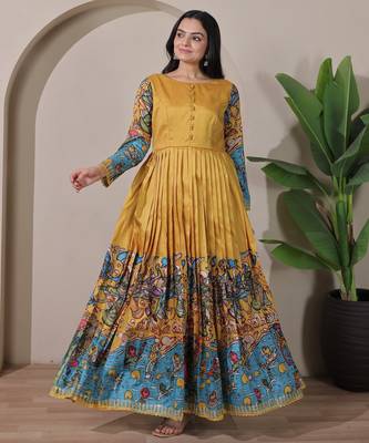 Mustard kalamkari print flared maxi gown with full sleeves for women 4
