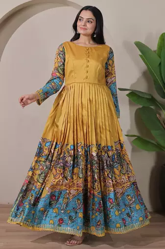 Mustard kalamkari print flared maxi gown with full sleeves for women