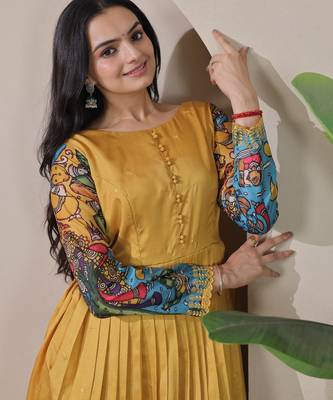 Mustard kalamkari print flared maxi gown with full sleeves for women 5
