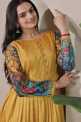 Mustard kalamkari print flared maxi gown with full sleeves for women