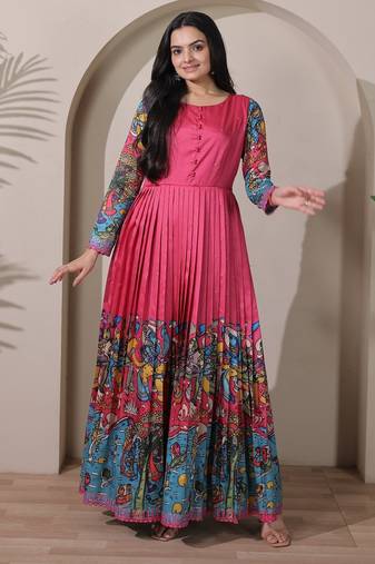 Pink kalamkari print flared maxi gown with full sleeves for women